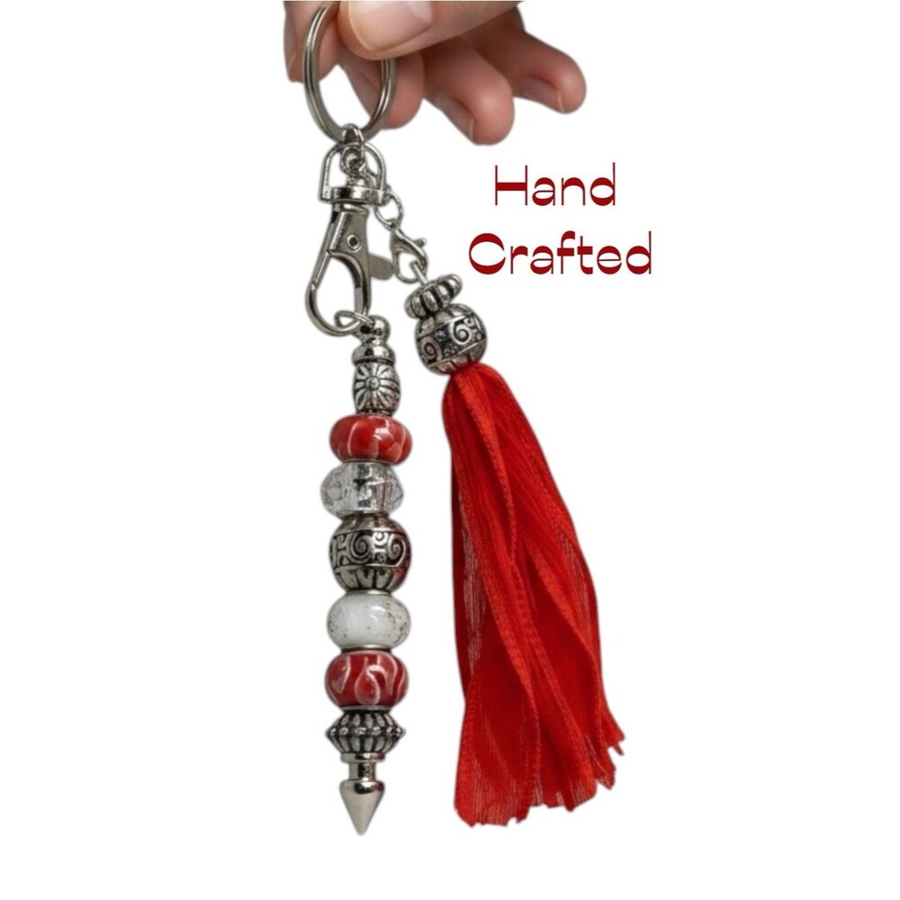 Hand-Crafted Orange Silver Silk Tassel Beaded Purse Bag Charm Keychain NWT